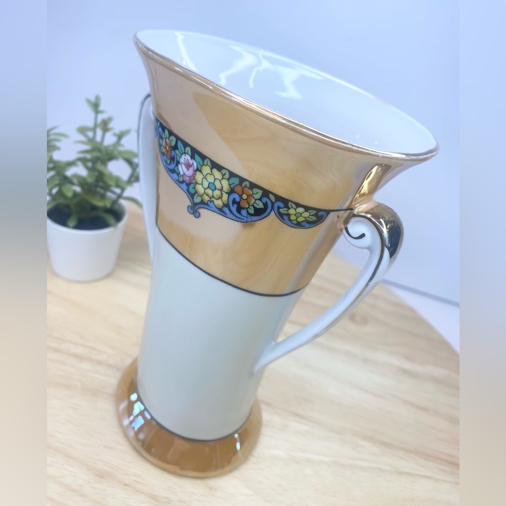 Vintage Noritake Lustreware Double Handle Vase Flowers Japan Hand Painted Pink